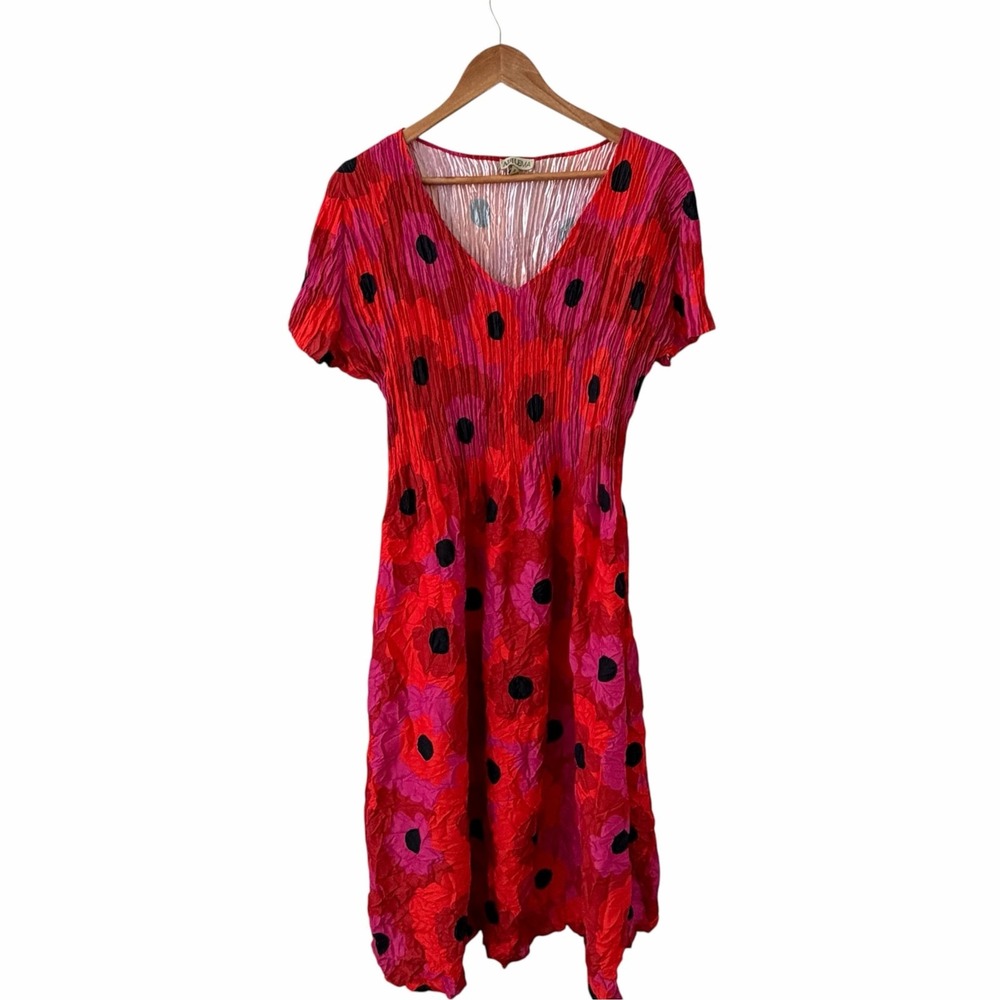 Alquema Crinkle Estrella Dress Womens 2/US 12 Red Pink Floral Midi Travel Boho